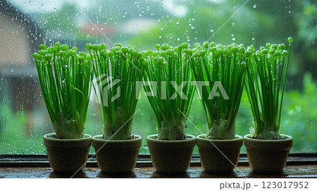 Bright green onion bundles are growing in small ceramic pots on airy windowsill. Sunlight reflecting off water droplets creates lively and fresh indoor garden atmosphere. 123017952
