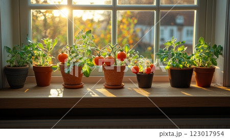 Tomato plants flourish on bright windowsill their green leaves and clusters of ripe tomatoes basking in warm sunlight. cheerful arrangement brings life indoors. 123017954