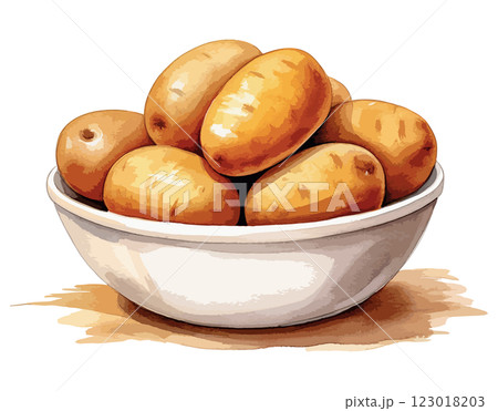 ボウルに入ったじゃがいもの水彩風イラスト　生成AI 123018203