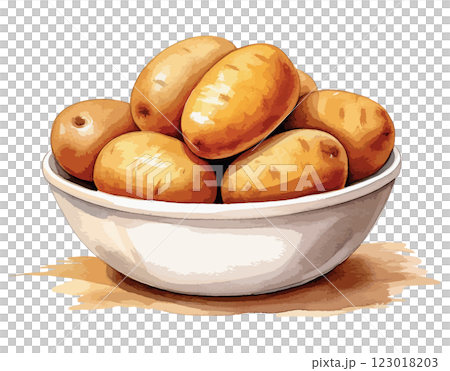 ボウルに入ったじゃがいもの水彩風イラスト　生成AI 123018203