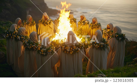 Robed figures gather around roaring bonfire celebrating springtime pagan ritual. Their attire is adorned flowers and greenery creating mystical ambiance twilight. 123018305