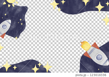 Horizontal Frame Whimsical Space-Themed with Rocket, Watercolor Illustration Space Theme for Print, Web and Textile Horizontal Frame Whimsical Space-Themed with Rocket, Watercolor Illustration Space Theme for Print, Web and Textile 123018336