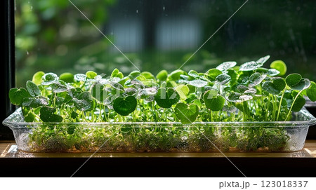 Fresh microgreens thrive in shallow tray on sunlit windowsill. Dew glistens on each leaf as soft sunlight enhances their lush green color in afternoon. Fresh microgreens thrive in shallow tray on sunlit windowsill. Dew glistens on each leaf as soft sunlight enhances their lush green color in afternoon. 123018337