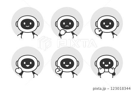 いろいろな表情･ポーズをするAIロボットの顔アイコンセット【ベクターイラスト素材】 123018344