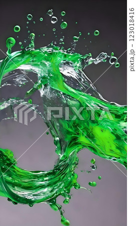 蛍光グリーンと透明な水のぶつかり合う水飛沫アート 蛍光グリーンと透明な水のぶつかり合う水飛沫アート 123018416