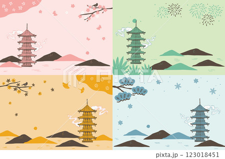 五重塔と四季の風景　背景イラスト 123018451