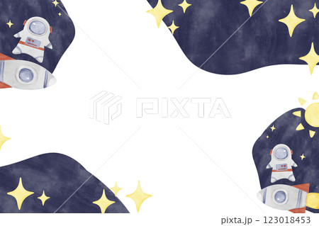 Whimsical Horizontal Space Frame with Rockets and Astronauts , Watercolor Illustration Kids Theme for Print, Web and Textile 123018453