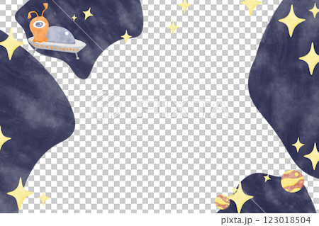 Whimsical Space Horizontal Frame with Alien and Planets , Watercolor Illustration Kids Theme for Print, Web and Textile 123018504