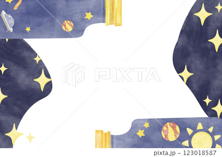 Whimsical Space-Themed Border with Solar System and UFO in Jar, Watercolor Illustration Kids Theme for Print, Web and Textile 123018587