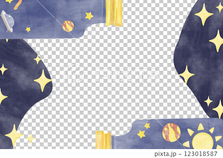 Whimsical Space-Themed Border with Solar System and UFO in Jar, Watercolor Illustration Kids Theme for Print, Web and Textile 123018587