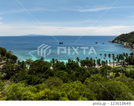 Tropical coastline surrounded by lush greenery, turquoise water, and scattered boats in the distance. Koh Tao, Thailand. 123018649
