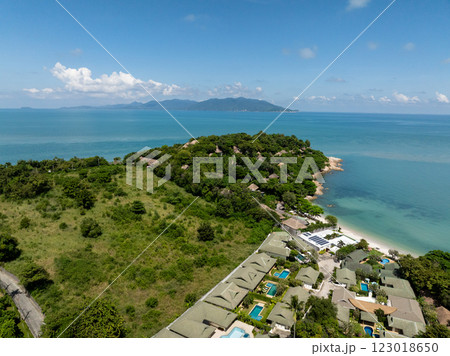 A lush hilltop resort with villas surrounded by tropical greenery and turquoise waters. Bo Put. Koh Samui, Thailand. 123018650