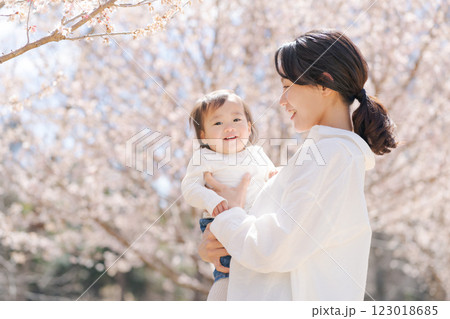 桜の咲く公園で遊ぶ母と娘 123018685