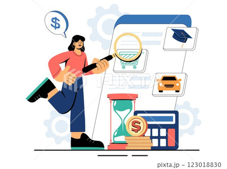 Personal Finance Management Vector Illustration Depicting Money Spending Habits, Purchase Planning, Financial Goal Setting, and Budget Management Personal Finance Management Vector Illustration Depicting Money Spending Habits, Purchase Planning, Financial Goal Setting, and Budget Management 123018830