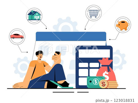 Personal Finance Management Vector Illustration Depicting Money Spending Habits, Purchase Planning, Financial Goal Setting, and Budget Management Personal Finance Management Vector Illustration Depicting Money Spending Habits, Purchase Planning, Financial Goal Setting, and Budget Management 123018831
