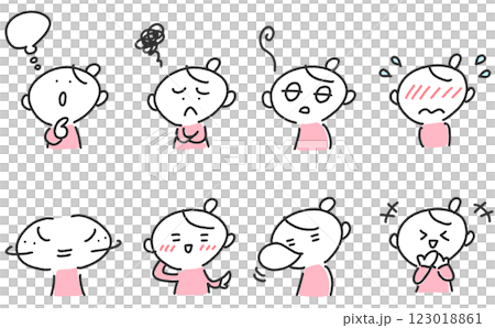 A set of women with various expressions: thinking, blushing, laughing, embarrassed 123018861