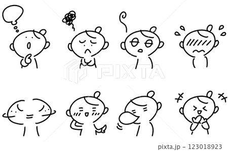 様々な表情の女性のセット　考える・照れる・笑う・恥ずかしい 123018923