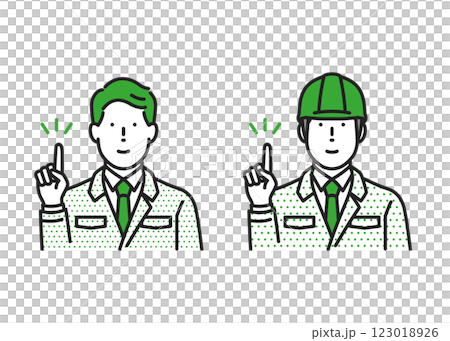 ポイントを強調する作業着男性 123018926