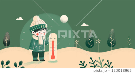 寒い雪の日の子どもと温度計のイラスト 123018963