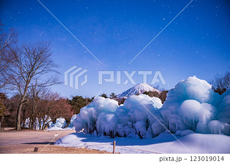 【山梨県】星降る夜の西湖野鳥の森公園、氷のオブジェと富士山 123019014