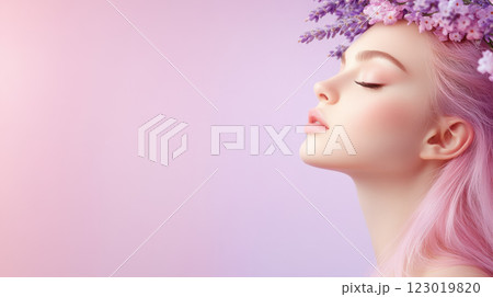Profile of woman with lavender flowers in her hair, soft pastel colors Profile of woman with lavender flowers in her hair, soft pastel colors 123019820