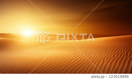 Golden sand dunes under warm sunset create serene landscape Golden sand dunes under warm sunset create serene landscape 123019890