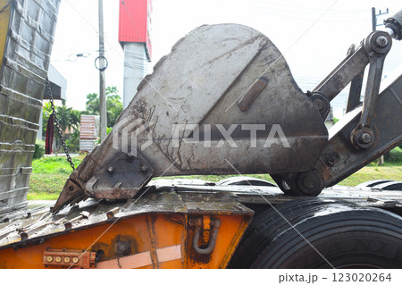 digger machine vehicle on trailer truck, construction industry digger machine vehicle on trailer truck, construction industry 123020264