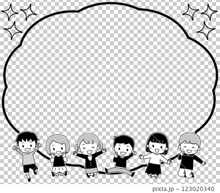 Frame illustration of smiling children jumping and speech bubbles 123020340