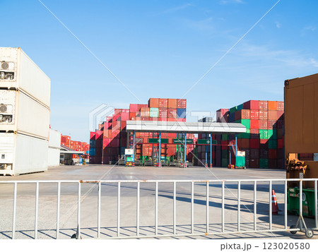 Container Dry Reefer Export Logistic Crane Forklift Port Blue Sky Background Space Road Import Business Freight Logistic Transport Custom Industry Service Airplane Container Ship Truck Cargo Stack. Container Dry Reefer Export Logistic Crane Forklift Port Blue Sky Background Space Road Import Business Freight Logistic Transport Custom Industry Service Airplane Container Ship Truck Cargo Stack. 123020580