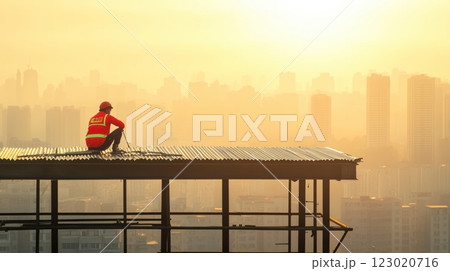 Worker sitting on high-rise rooftop with city view 123020716