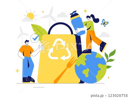 Sustainable Living Vector Illustration featuring Eco Friendly Practices, Wind Turbines Generating Renewable Energy and an Environmentally Green Energy 123020758