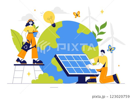 Sustainable Living Vector Illustration featuring Eco Friendly Practices, Wind Turbines Generating Renewable Energy and an Environmentally Green Energy Sustainable Living Vector Illustration featuring Eco Friendly Practices, Wind Turbines Generating Renewable Energy and an Environmentally Green Energy 123020759