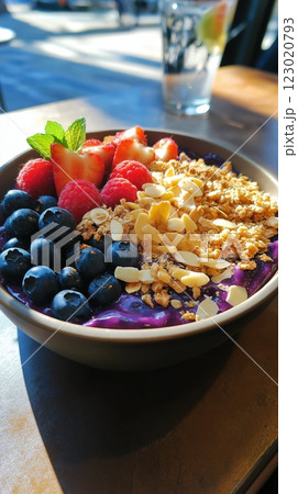 Healthy smoothie acai bowl topped with granola, strawberries, blueberries, and mint 123020793