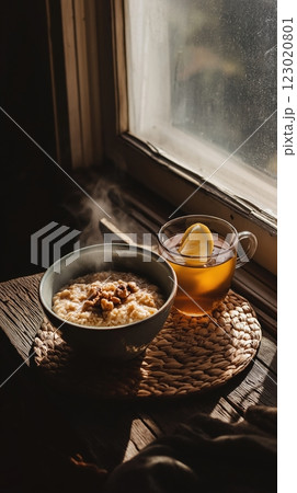 Steaming oatmeal and lemon tea on a rustic table near a window Steaming oatmeal and lemon tea on a rustic table near a window 123020801