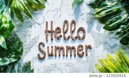Hello summer with tropical leaves and water bubbles on a bright background Hello summer with tropical leaves and water bubbles on a bright background 123020818