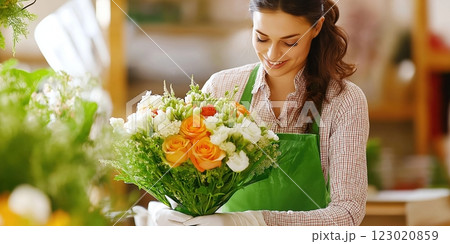 Florist putting together a fresh floral bouquet 123020859