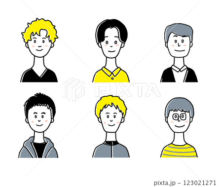 正面を向いている若い男性のアイコンのシンプルな線画イラスト素材セット 123021271
