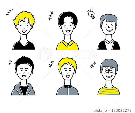 喜んでいる若い男性のアイコンのシンプルな線画イラスト素材セット 123021272