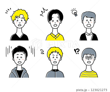 驚いている若い男性のアイコンのシンプルな線画イラスト素材セット 123021273