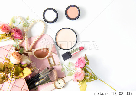 Makeup cosmetics tools background and beauty cosmetics Makeup cosmetics tools background and beauty cosmetics 123021335