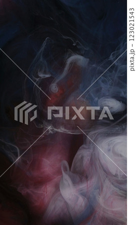 Sparkling storm. Paint fog texture. Defocused white red blue color glowing splash ink haze smoke fume on abstract art dark black background. 123021543