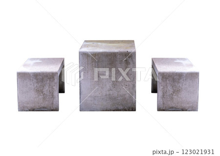 Set of concrete table and bench isolated on white background 123021931