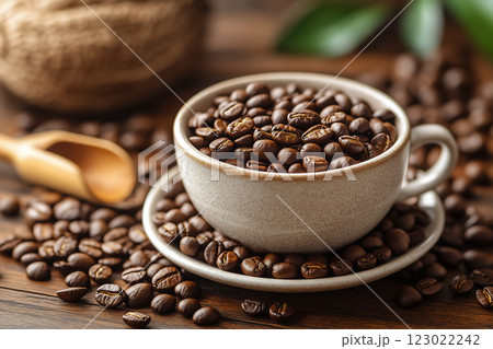 カップに入った焙煎されたコーヒー豆 123022242
