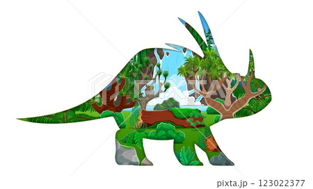 Paper cut dinosaur silhouette with prehistoric landscape inside. Jurassic styracosaurus dino animal vector 3d paper cut silhouette with cartoon jungle forest landscape of tropical trees and waterfall 123022377