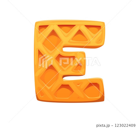 Fast food belgian waffle snack English ABC font typeset letter E. Street cafe dessert English font symbol, fast food menu vector kids ABC typeset letter. Takeaway cafe appetizer alphabet element 123022409