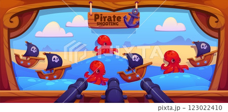 Pirate sea battle carnival shoot game, shooting range in amusement park vector background frame. Cartoon pirate ships and octopus monsters on water waves carnival shoot game booth or shooting gallery 123022410