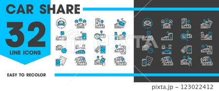Car share service linear icons of carpool ride and vehicle rental vector carsharing pictograms. Car pool or auto drive rent for car sharing service interface of carpooling app or mobile application 123022412