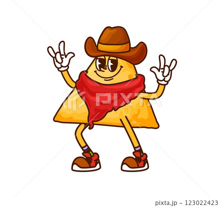 American cowboy Mexican corn nacho chip cartoon cheerful character. Western outlaw fastfood nacho chip funny mascot, Wild West Mexican snack groovy vector character wearing cowboy hat and bandana 123022423