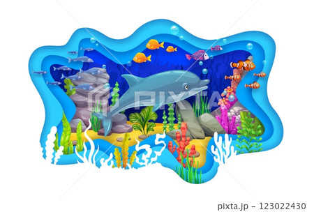 Paper cut banner with funny dolphin and underwater sea landscape. Cartoon vector wavy frame with 3d layered papercut effect. Mesmerizing sea bottom with seaweeds and marine animals on the ocean depth Paper cut banner with funny dolphin and underwater sea landscape. Cartoon vector wavy frame with 3d layered papercut effect. Mesmerizing sea bottom with seaweeds and marine animals on the ocean depth 123022430