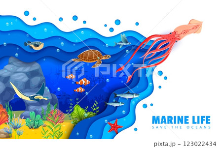Paper cut save the oceans banner with squid, fish shoal and animals at underwater landscape. Vector environmental conservation awareness with marine creatures and coral reefs, conveys ocean protection Paper cut save the oceans banner with squid, fish shoal and animals at underwater landscape. Vector environmental conservation awareness with marine creatures and coral reefs, conveys ocean protection 123022434